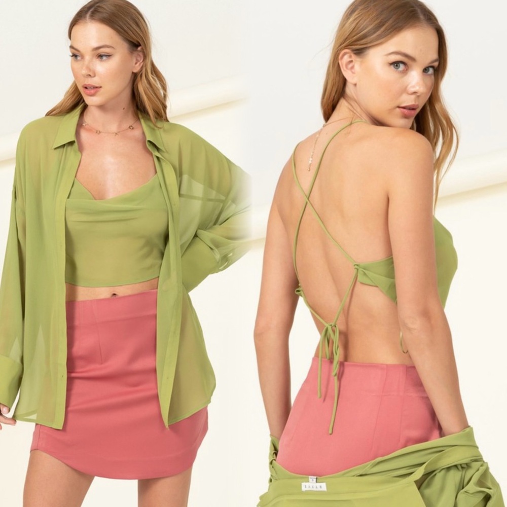 Chic Lime Green Sheer Blouse Set - Picture 10 of 14
